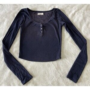 Hollister Womens Shirt Small Long Sleeve Navy Button Henley Y2K Ribbed Bella